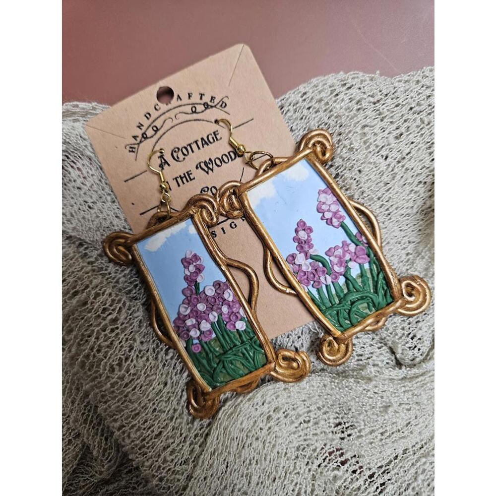 Handcrafted Polymer Clay Floral Painted Earrings with Gold Frame